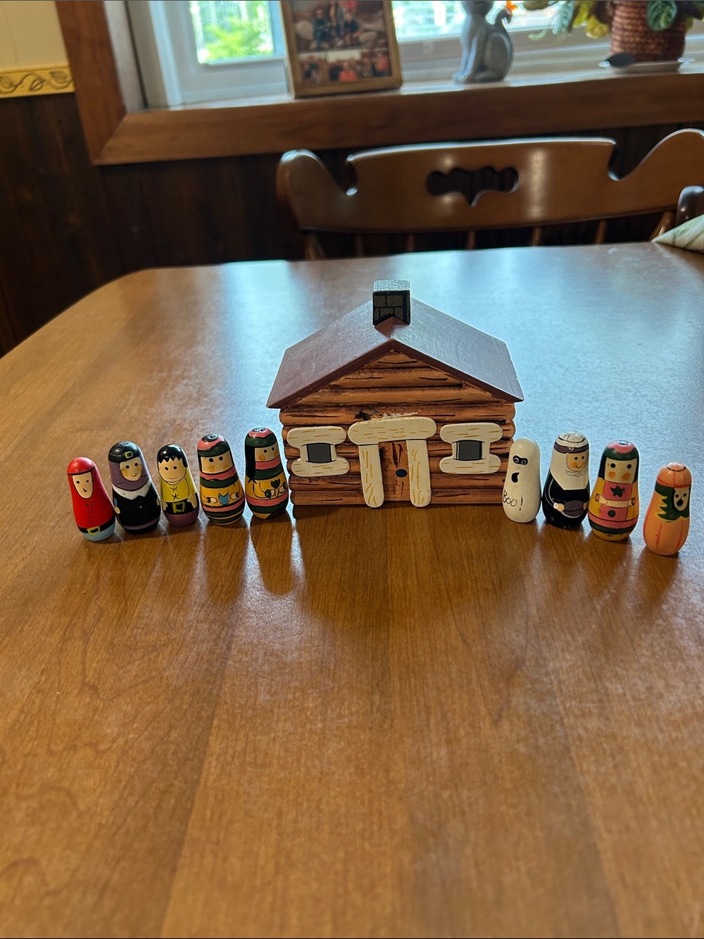Wooden Log Cabin Set with 9 Hand-Painted Wooden Figures
